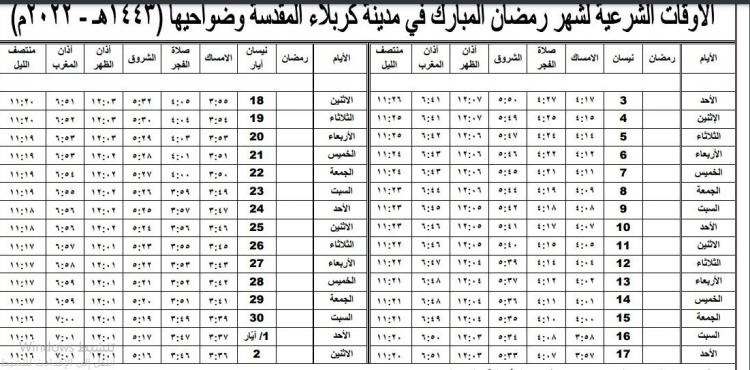 إمساكية رمضان 2022 في كربلاء – إمساكية السيستاني 1443.JPG
