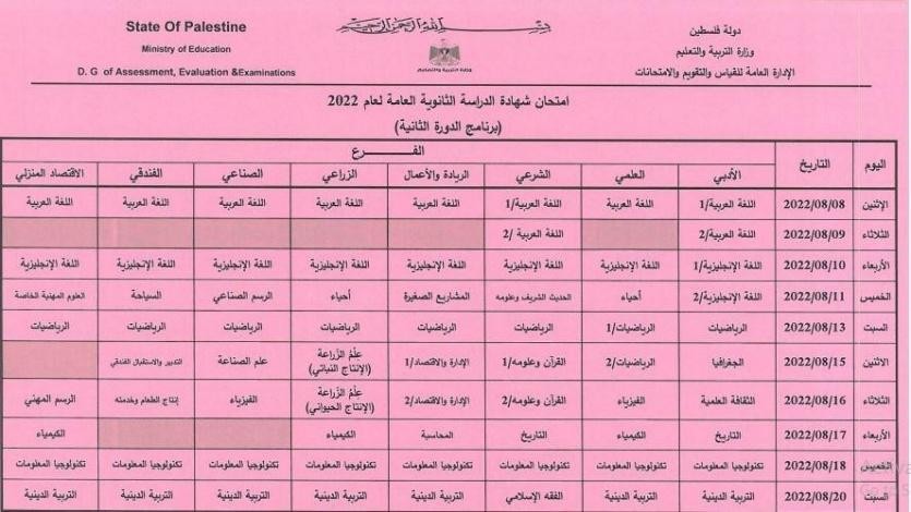 4جدول امتحانات الثانوية العامة التوجيهي 2022 في فلسطين.jpg