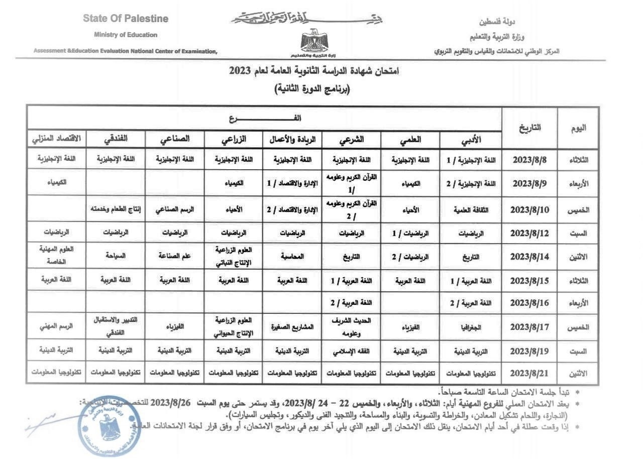 جدول امتحانات توجيهي فلسطين 2023 – امتحانات الثانوية العامة في فلسطين 1.jpg