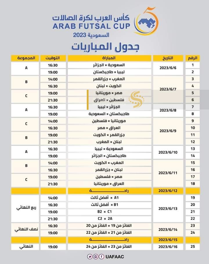 جدول مباريات بطولة كأس العرب لكرة القدم _ الصالات
