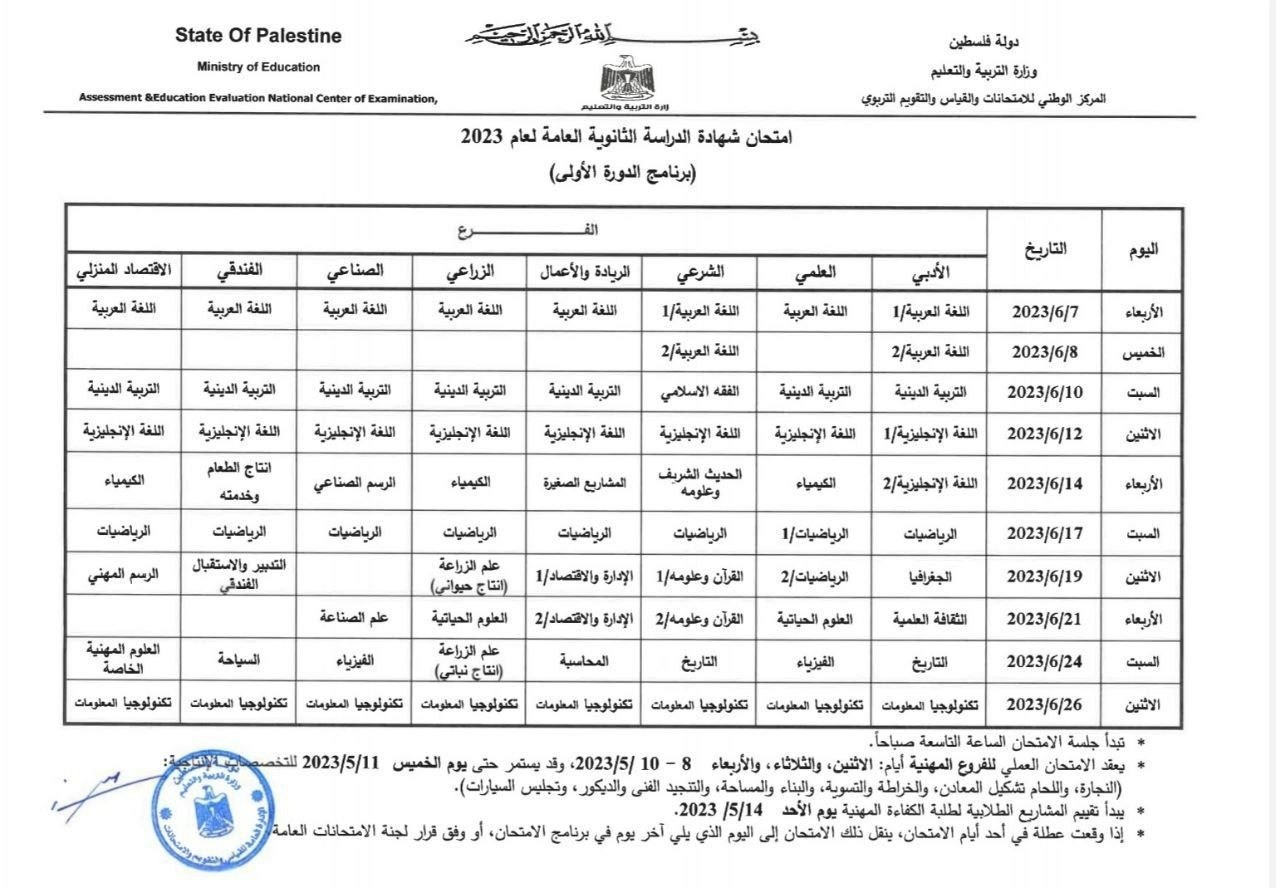 جدول امتحانات الثانوية العامة 2023 في فلسطين (1).jpg