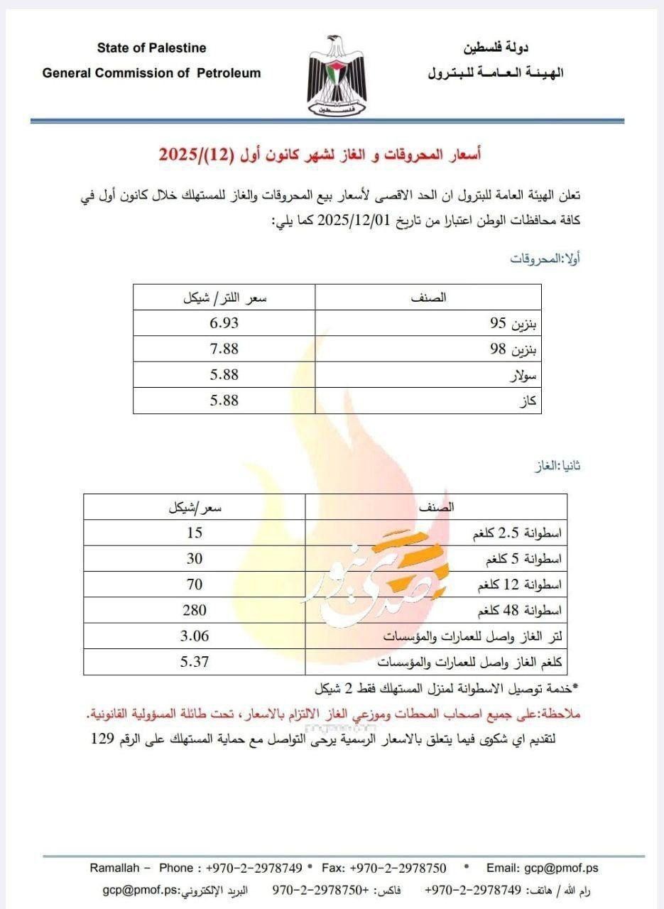 أسعار المحروقات والغاز في فلسطين لشهر ديسمبر 2025